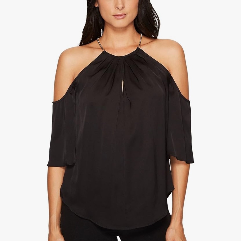 Trina Turk Audree Silk Sexy Cold Shoulder with Chain Link Straps Black Top XS